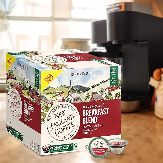 New England Coffee Breakfast Blend Medium Roast Single Serve Pods, 32ct Box (Pack of 1)
