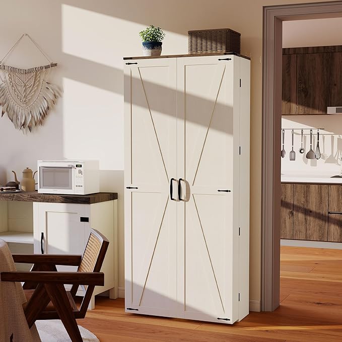 Tall Kitchen Pantry Cabinet: Food Pantry Cabinets for Kitchen Storage, Off White Wood Storage Cabinet with 2 Doors, Farmhouse Cabinets with Freestanding Cupboard