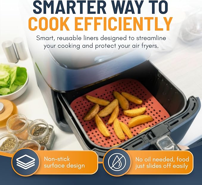 Reusable Square Silicone Air Fryer Liners (8.5 Inch, 3 Pack) by Linda’s Essentials - Non-Stick, Easy-Clean Accessories with Cheat Sheet & Recipe Book, Perfect for Quick Meals