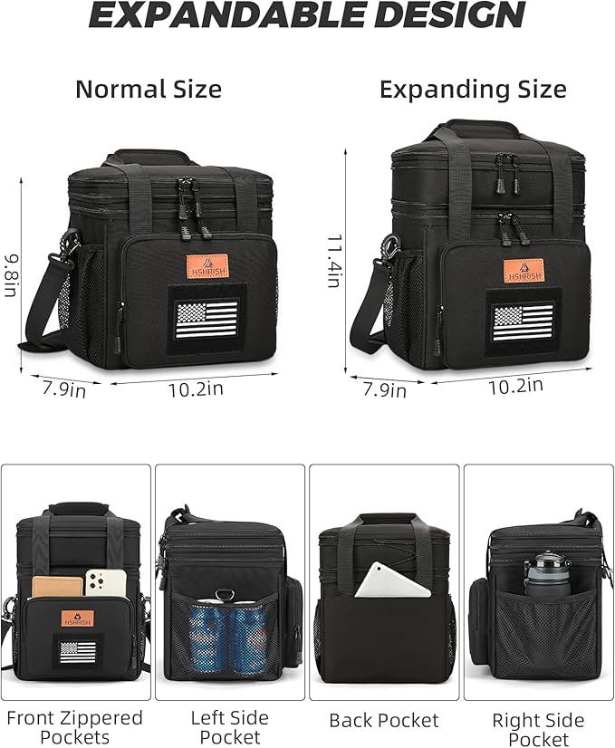 HSHRISH Expandable Lunch Box, Double Deck Large Insulated Lunch Bag for Men, Durable Leakproof Cooler Bag for Men Work Shift Outdoor Trips, 20 Can/15 L, Black