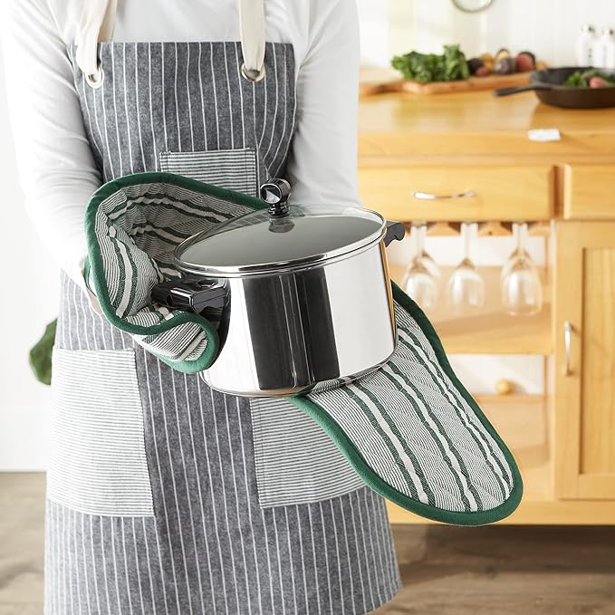 DII Double Strip Chef Kitchen Cooking & Baking Collection, Double Oven Mitt, 35x7.5, Dark Green