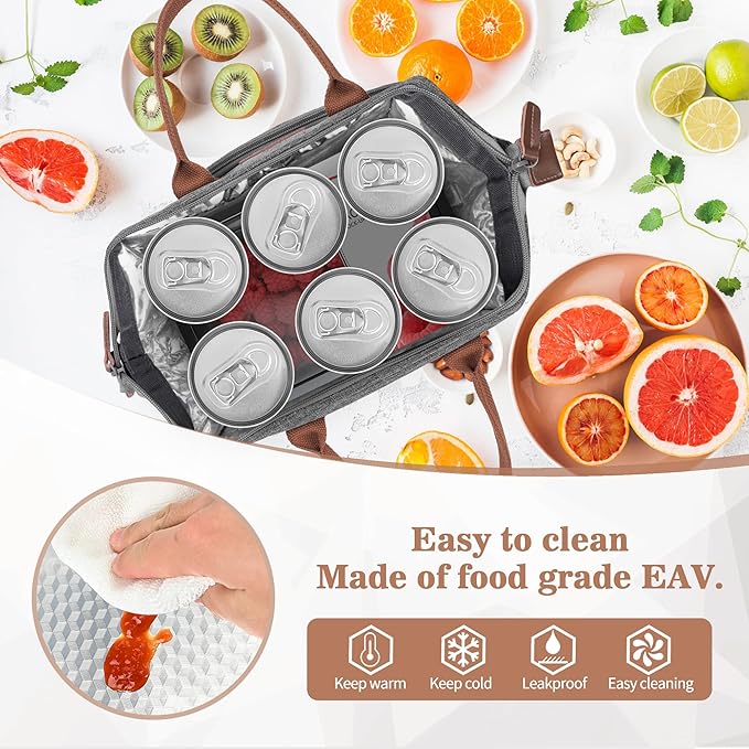 LOKASS Leak-proof Lunch Box for Women Insulated Lunch Cooler Bag Thermal Lunch Tote with Removable Shoulder Strap for Men Adults Large Picnic Bag for Office Work Outdoor, Grey