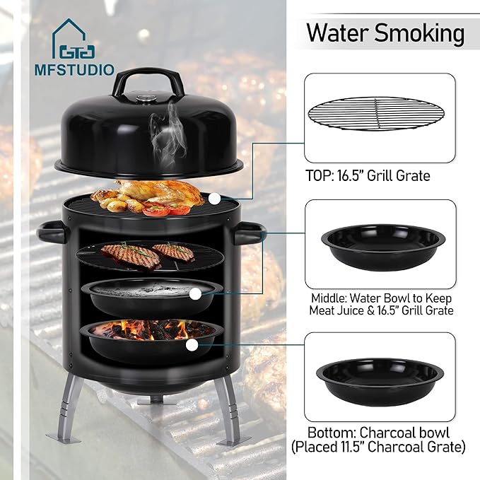 MFSTUDIO 17" Vertical Charcoal Smoker with Thermometer, Integrated Metal Grill Chamber Less Smoke Leak & Heat Loss,Black