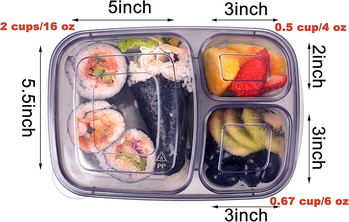Youngever 7 Pack Bento Lunch Box, Meal Prep Containers, Reusable 3 Compartment Plastic Divided Food Storage Container Boxes
