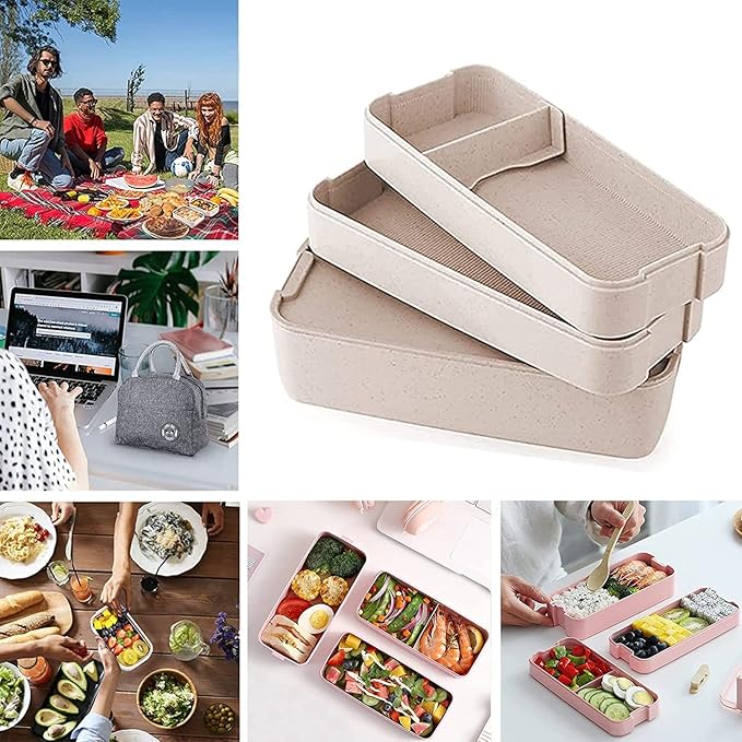 Rarapop Pink Stackable Bento Box Japanese Lunch Box Kit with Spoon & Fork, 3-In-1 Compartment Wheat Straw Meal Prep Containers for Kids & Adults