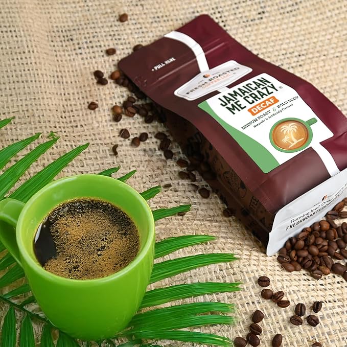 Fresh Roasted Coffee, Decaf Jamaican Me Crazy Flavored Coffee, 12 oz, Medium Roast, Kosher, Whole Bean