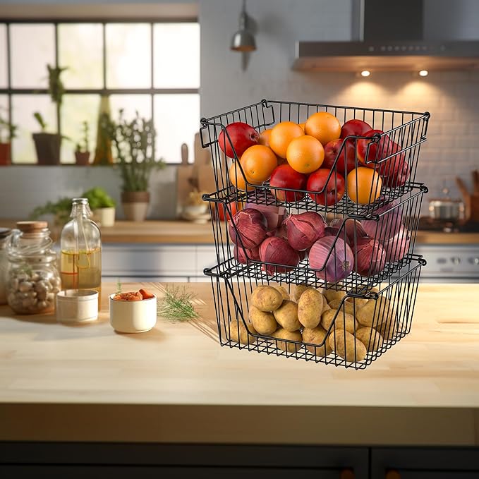 SANNO Black Stackable Wire Baskets Stacking Bins for Vegetable Storage Pantry, Fridge,Bathroom Storage Organization,4 pack