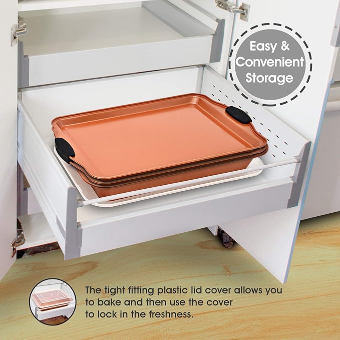 Perlli Baking Sheet 4 Piece Set Nonstick Copper Carbon Steel Oven Bakeware Kitchen Set with Silicone Grips, Includes 2x 9x13" Cookie Sheets, 9x13" Baking Pan with Plastic Lid