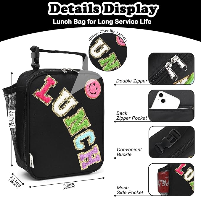 FlowFly Lunch box Insulated Soft Bag Mini Cooler Back to School Thermal Meal Tote Kit With Buckle and Mesh Side Pocket for Girls, Boys, BlackWithLetter