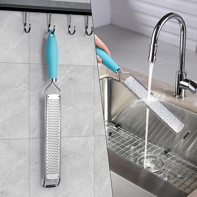 Rainspire Zester Grater with Handle, Lemon Zester Cheese Grater for Kitchen Stainless Steel, Parmesan Cheese Garlic Nutmeg Chocolate Fruits Vegetables Ginger Grater, Fine, Blue