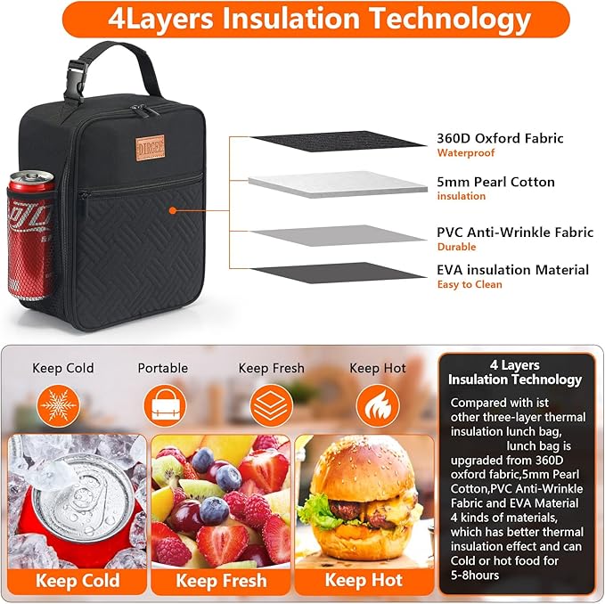 Lunch Box for Men Insulated Lunch Bag for Women Adults Small Lunch Bag for Office Work Lunch Bag For Men - Leakproof Freezable Cooler Bag Reusable Portable Lunch Box (Black)