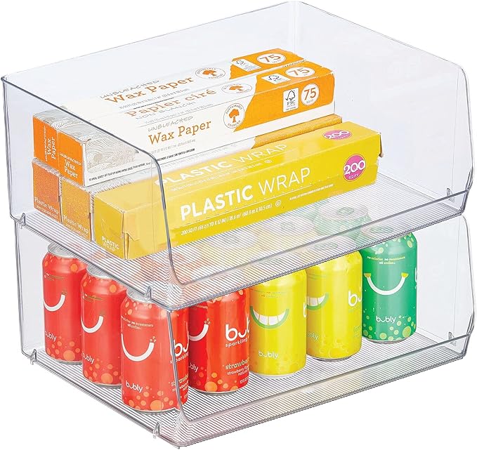 mDesign Extra Wide Stackable Plastic Food Storage Organizer Bin Basket with Open Front for Household Kitchen Cabinets, Pantry, Offices, Closets, Bedrooms, Bathrooms - 15.2" Wide, 2 Pack - Clear