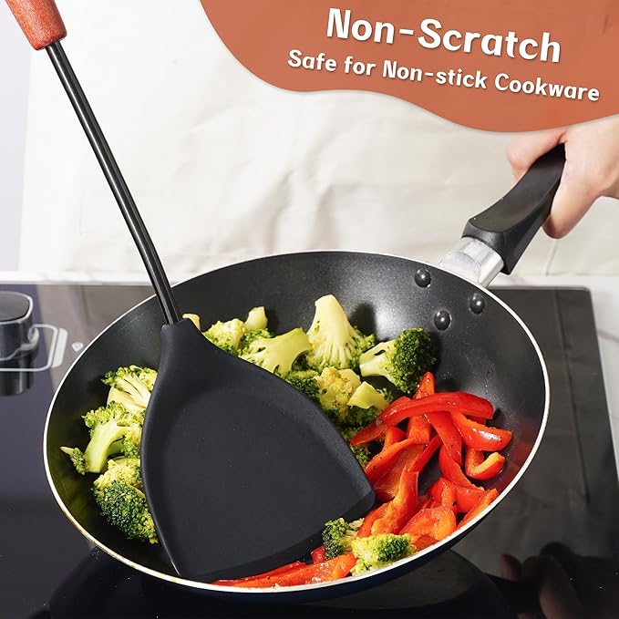 FJNATINH Silicone Wok Spatula and Ladle Tool Set,Non Stick Heat-Resistant Stainless Steel Cooking Utensils BPA Free Kitchen Utensils Cookware, Pack of 2,Black