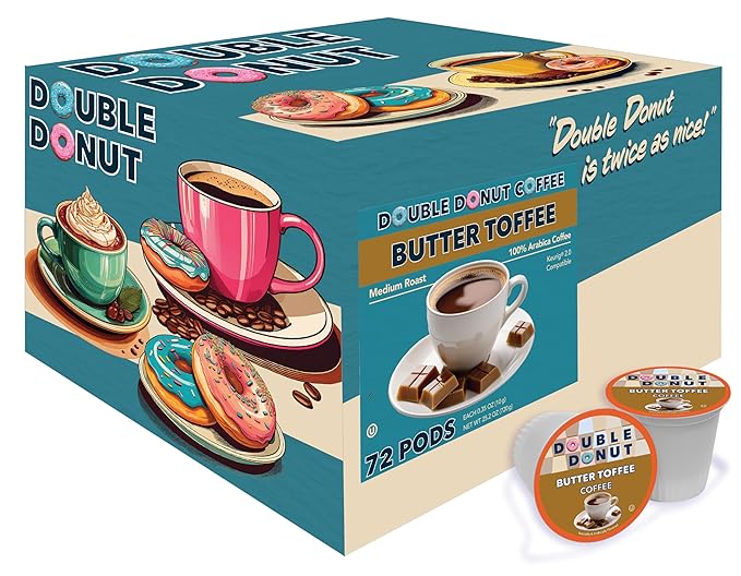 Double Donut Coffee Butter Toffee Flavored Coffee Pods, Medium Roast Coffee, Compatible with Keurig K Cups Brewers, 72 Count