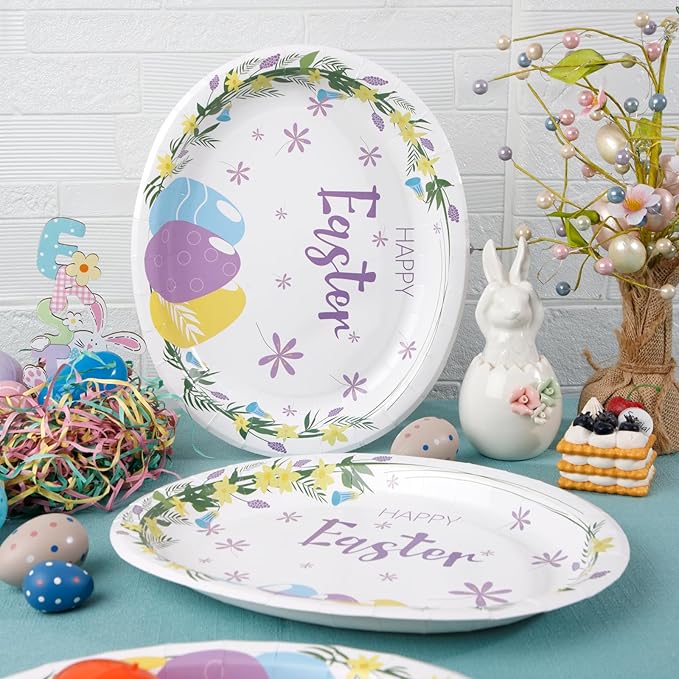 WDF 50Pack Easter Paper Plates - Oval Paper Plates 10" x 12" for Party Supplies Easter Eggs Large Disposable Platter for Easter Serving Tray