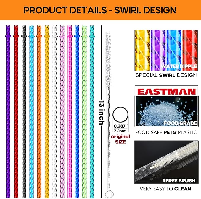 ALINK 12-Pack Reusable Plastic Clear Swirl Straws, 13" Extra Long Colorful Hard Plastic Replacement Straws for 16 OZ 20 OZ 30 OZ Stanley, YETI, Starbucks, Owala Tumblers with Straw Brush