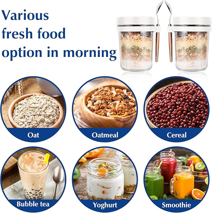 Overnight Oats Jars with Spoon and Lid 16 oz [2 Pack], Airtight Oatmeal Container with Measurement Marks, Mason Jars with Lid for Cereal On The Go Container (2pcs white)