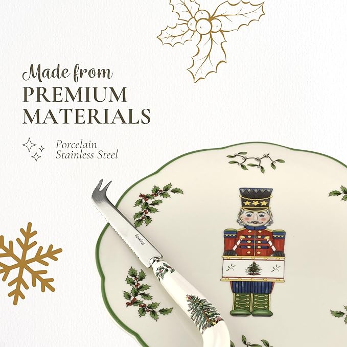 Spode Christmas Tree Nutcracker Cheese Platter with Knife - 9" Porcelain Holiday Serving Tray for Charcuterie - Dishwasher & Microwave Safe - Classic Christmas Tableware for Serving Festive Dishes