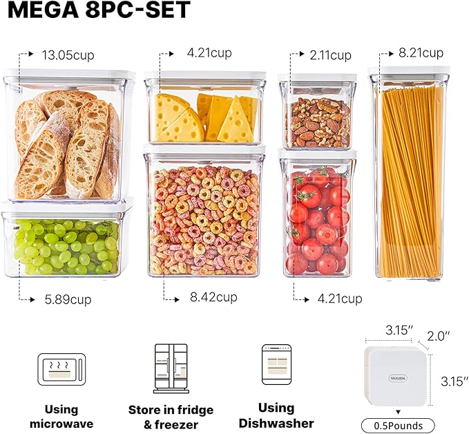 VAKUEN Premium Airtight Food Storage Containers Mega 8P/Set. Total 46.11cup, 7pcs Container and Vacuum Sealer. Smart One-Click Seal Lid, Patented Double Silicone Lining, 100% Leak Proof, BPA-FREE