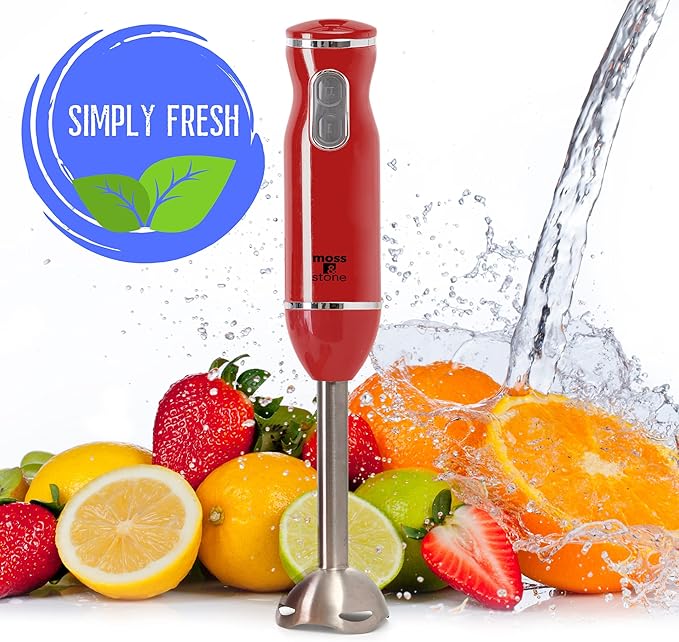 Moss & Stone Hand Blender Electric With Egg Whisk & Chopper, Powerful 300 Watt Immersion Hand Blender Set, Mixer Set Stainless Steel Shaft & Blades, Red Handheld Mixer With Ergonomic Grip