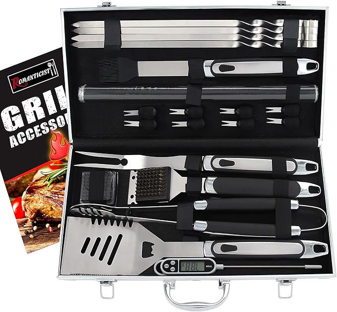 ROMANTICIST 21pc BBQ Grill Accessories Set with Thermometer - The Very Best Grill Gift on Birthday Wedding - Heavy Duty Stainless Steel Grill Utensils with Non-Slip Handle in Aluminum Case