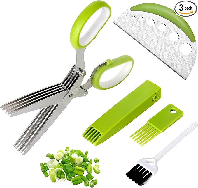 Herb Scissors SaladScissors, Upgrade HerbScissors with 5 Blades and Cover + 2 Brush, Kitchen SaladScissors with Herb Stripping, MultiScissors HerbCutter, Smart Cutter FoodScissors Chopper, Green