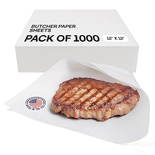 White Butcher Paper Sheets 12" x 12", Pack of 1000 - USA-Made Natural Precut Butcher Paper for Smoking, Grilling & BBQ - Unwaxed, Uncoated, Untreated Food Wrapping Sheets for Cooking by IDL Packaging