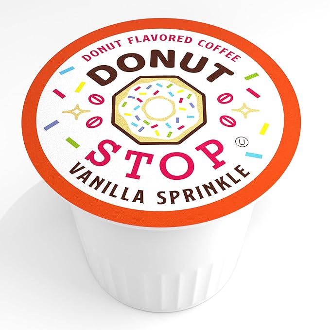 Donut Stop Vanilla Sprinkle Flavored Coffee Pods, 40 Count, Compatible with 2.0 K-Cup Brewers, Medium Roast, Kosher Certified
