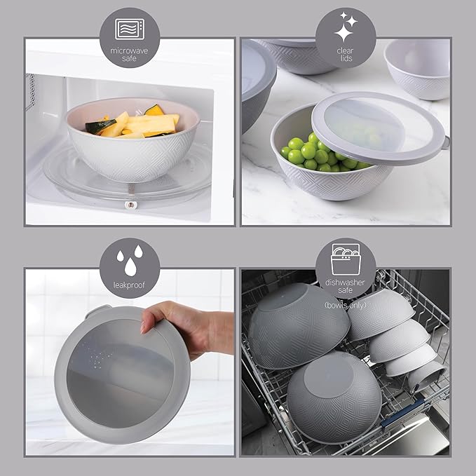 COOK WITH COLOR Mixing Bowls with Lids - 12 Piece Plastic Nesting Bowls Set includes 6 Prep Bowls and 6 Lids, Rhombus Design - Microwave Safe (Grey)