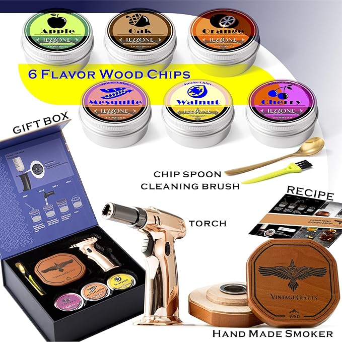Cocktail Smoker Kit with Torch, Bourbon, Whiskey Smoker Infuser Kit, Old Fashioned Drink Smoker Kit, Birthday Bourbon Whiskey Gifts for Men, Dad, Husband (Without Butane)