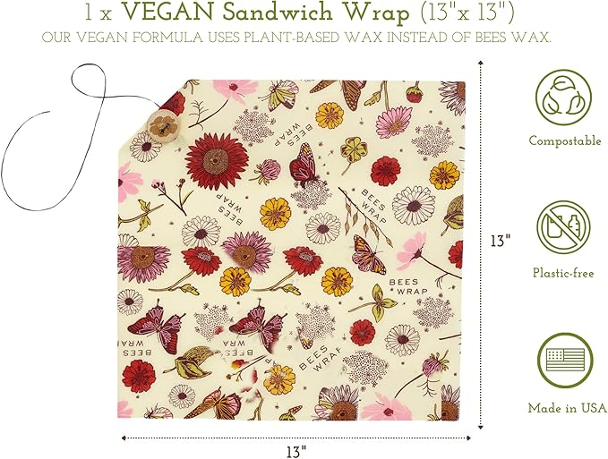 Bee's Wrap Vegan Beeswax Wraps for Food - Vegan Meadow Magic Sandwich Wrap - Made in USA Reusable Bread Bags - Organic & Eco-Friendly Alternative to Aluminum Foil, Sandwich Bags & Plastic Wrap