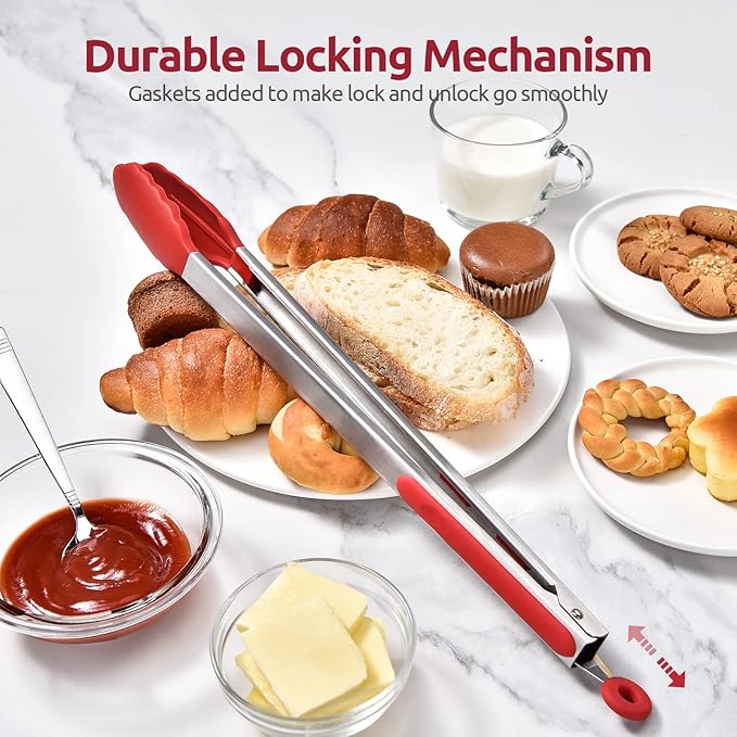 Heat Resistant Silicone Kitchen Tong: U-Taste 16 inch Extra Long Large 480ºF Hot Proof Cooking Tong with Sturdy Non Stick Rubber Tips & Non Slip Silicon Coated Steel Handle for Grilling BBQ (Red)