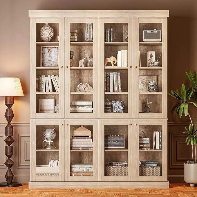 70.8" Bookshelf with Glass Doors, Farmhouse Modular Bookcase with 6-Tier Adjustable Shelves, Large Storage Cabinet for Living Room & Home Office, Brown