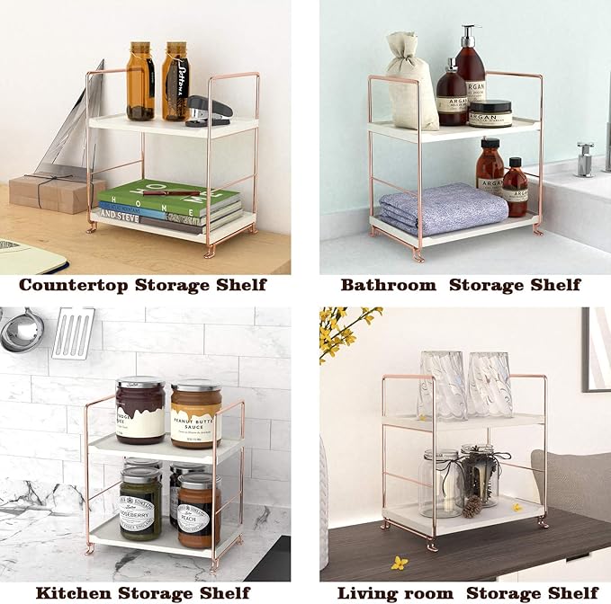 Plastic/Metal Freestanding Stackable Organizer Shelf,Bathroom Countertop Storage Shelf Cosmetic Organizer Holder Kitchen Spice Rack,2-Tier Standing Rack (Rose Gold)