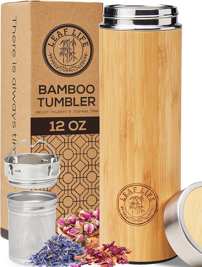 LeafLife Premium Bamboo Tea Bottle for Loose Tea - Tea Infuser Bottle - Tea Gifts - Insulated Water Bottle/Coffee Tumbler/Tea - Tea Gift Set, Tea Accessories - Tea Tumbler 12oz