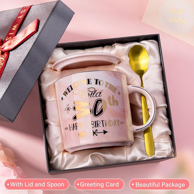 30th Birthday Gifts for Women, Unique Happy 30 Year Old Birthday Gifts Ideas for Women, Wife, Mom, Daughter, Sister, Aunt, Best Friends, BFF, 14Oz Fabulous Pink Marble Mug with Gold Pattern, Gift Box