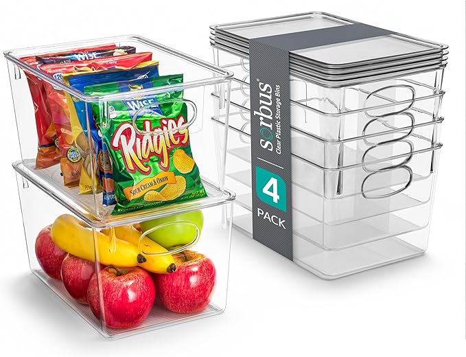 Sorbus 4-Pack Large Clear Plastic Storage Bins with Lids - Kitchen, Pantry, Fridge, and Cabinet Organizer