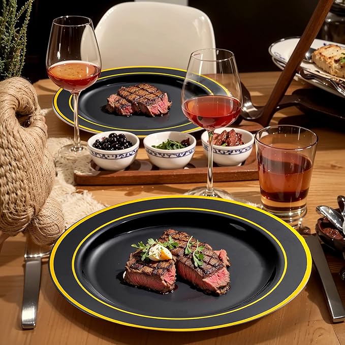 bUCLA 600PCS Black and Gold Disposable Dinnerware Set - Black Plastic Plates Disposable for Party Include 100 Dinner&100 Dessert Plates,100 Knives,100 Forks,100 Spoons,100 Cups for Party & New Year