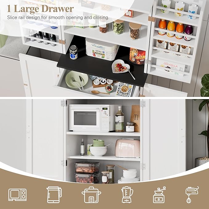 Vongrasig Kitchen Pantry Storage Cabinet with Barn Doors, Drawer and Adjustable Shelves, 6-Tier Tall Rustic Wood Cupboard Locker for Kitchen, Dining Room, Living Room, Bathroom, (White)