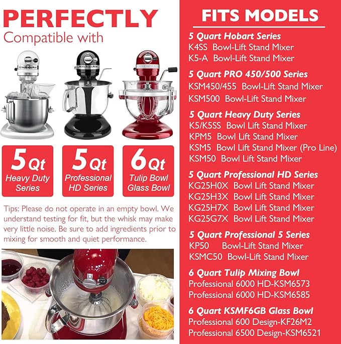 K5A Stainless Steel Whisk for KitchenAid 5 Qt Bowl-Lift Stand Mixer, 6 Wire Whip Compatible with K4/5, K5SS, KSM5, KG25, KF26, KP50, KSM6573, KSM6521 Heavy Duty, 18/8 Stainless Steel, Dishwasher Safe