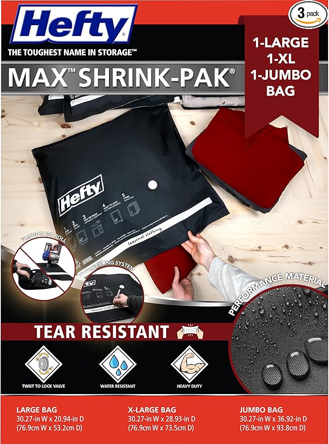 Hefty MAX Shrink-Pak Vacuum Storage Bags Combo Pack – Max Strength Tear-Proof Bags For Clothes, Pillows, Towels, Blankets & More – Space Saver Suction Sealer Bags for Home– 1 Large, 1 XL, 1 Jumbo