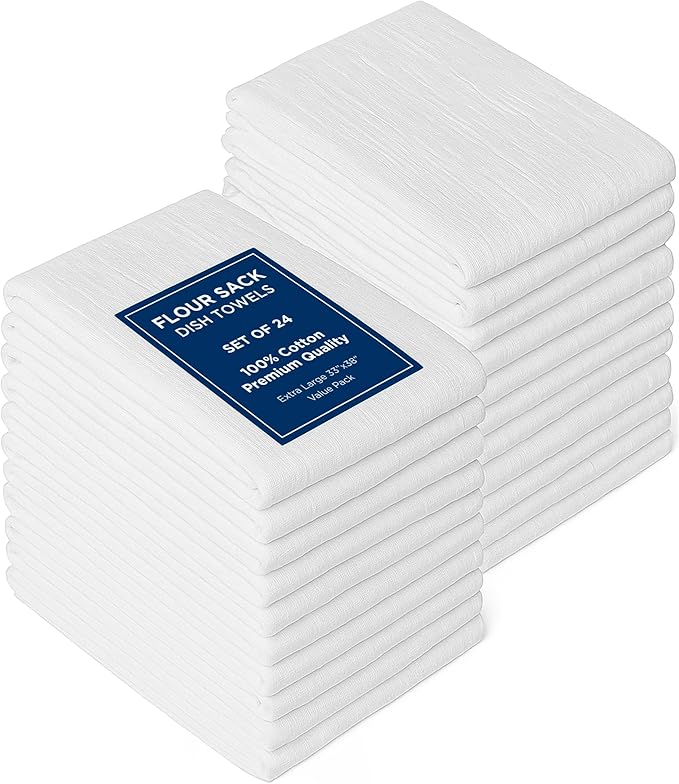 ROYALE LINENS Flour Sack Towels – 24 Pack 33x38 Inch White Kitchen Dish Towels – 100% Cotton Tea Towels for Bread Proofing, Cheese Straining, Baking, Cleaning, Drying, Embroidery, Multipurpose Use