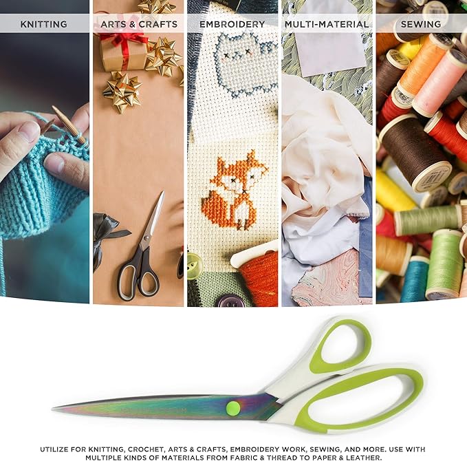 BambooMN Titanium Softgrip Scissors Set for Sewing, Arts, Crafts, Office - 30 Sets of 3 - White w/Green Inlays