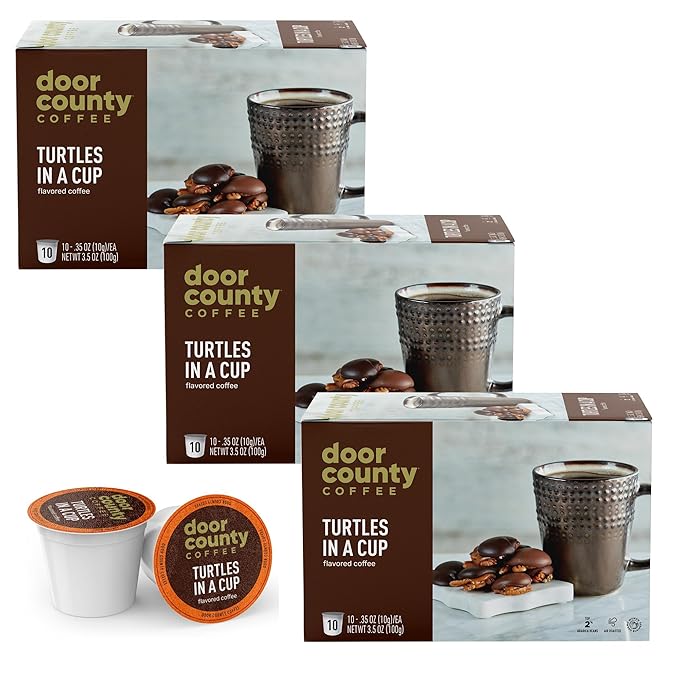 Door County Coffee Turtles in a Cup Flavored Ground - 30 Count Single Serve Cups - Medium Roast - 100% Specialty Arabica - Flavored Gourmet - Caramel and Toasted Pecan