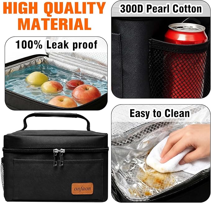 Lunch Bag for Men/Women, Insulated Reusable Lunch Box Leakproof Cooler Tote Bag Freezable with Adjustable Shoulder Strap for Office Work Picnic Beach(Black)