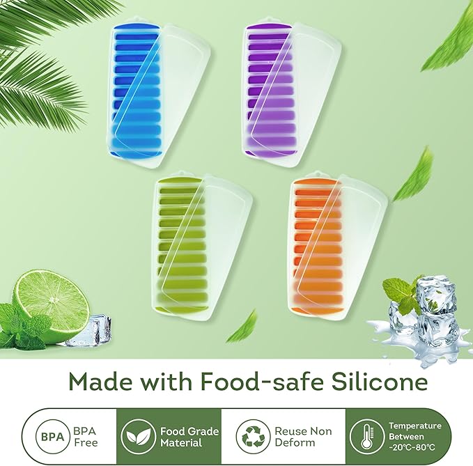 Lily's Home Silicone Ice Cube Tray with Lid Set of 4, BPA-Free, Ideal for Water Bottles & Sports Bottles, Flexible & Stackable Design for Quick Release, Ice Cube Trays for Freezer(11.81"*4.72"*0.95")