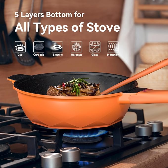 TIBORANG 8 in 1 Multipurpose 11 Inch 5 Quart Heat Indicator Nonstick Deep Frying Pan with Glass Lid,Stay-cool Handle,Steamed Grid,PFOA-Free,Dishwasher&Oven Safe,Works with All Stovetops(Tangerine)