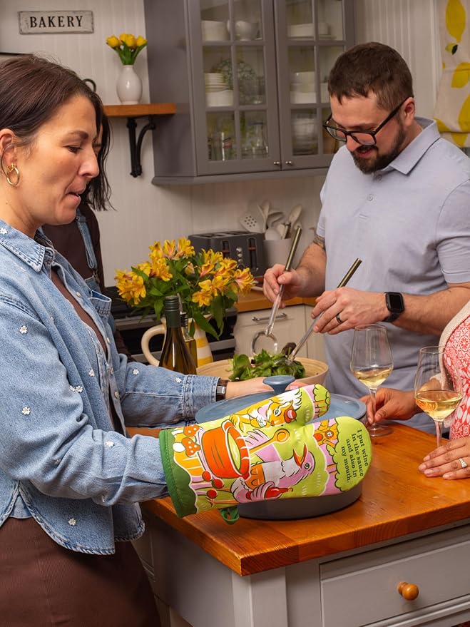 Blue Q I Put Wine in The Sauce Funny Oven Mitts - Cute Oven Mitts, Home Kitchen Gifts, Cooking Accessories, Super-Insulated Quilting, Comfy Natural-Fitting Shape, 100% Cotton, Size 12.5" L x 7.5" W