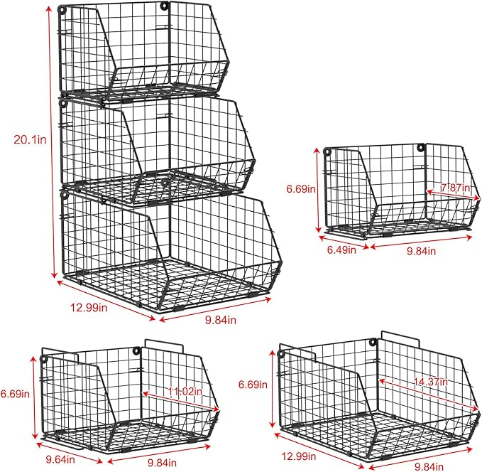 X-cosrack 3-Tier Stackable Wire Baskets for Pantry Organization and Storage, Kitchen Counter Basket for Potato Onion Storage, Fruit and Vegetable Storage Basket, Metal Baskets for Snack Produce Cans