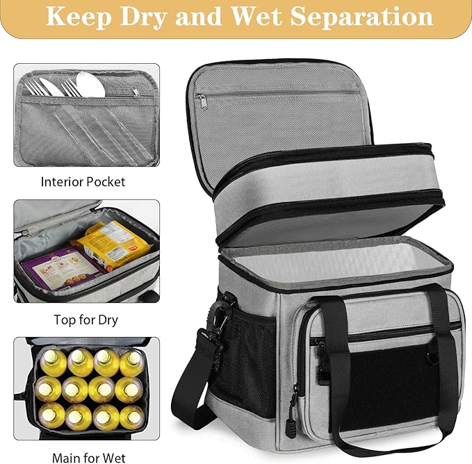 GLENKEY Double Deck Insulated Lunch Box, Expandable Large Lunch Bag Leakproof Cooler Bag Lunch Pail for Men Women Adults Work Shifts Travel Daytrip, Grey,16L